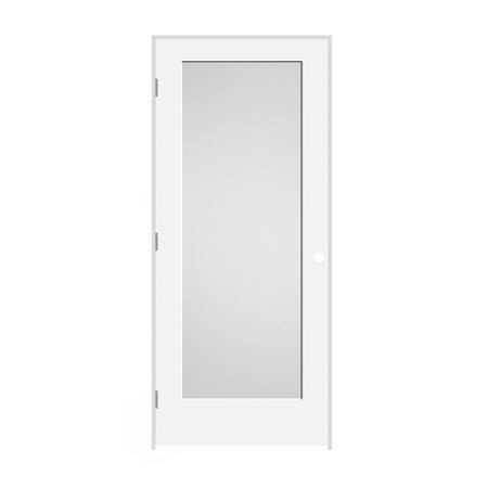 TRIMLITE 34"x80"x13/8" Primed 1Panel White Lami Glass Interior Shaker 71/4" RH Prehung Brushed Chrome 2168pri8401GLRH26D714